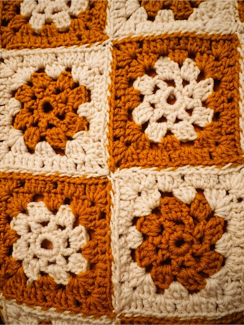 Vintage Crochet Granny Square Afghan Blanket Marigold & Cream  7’x5’
